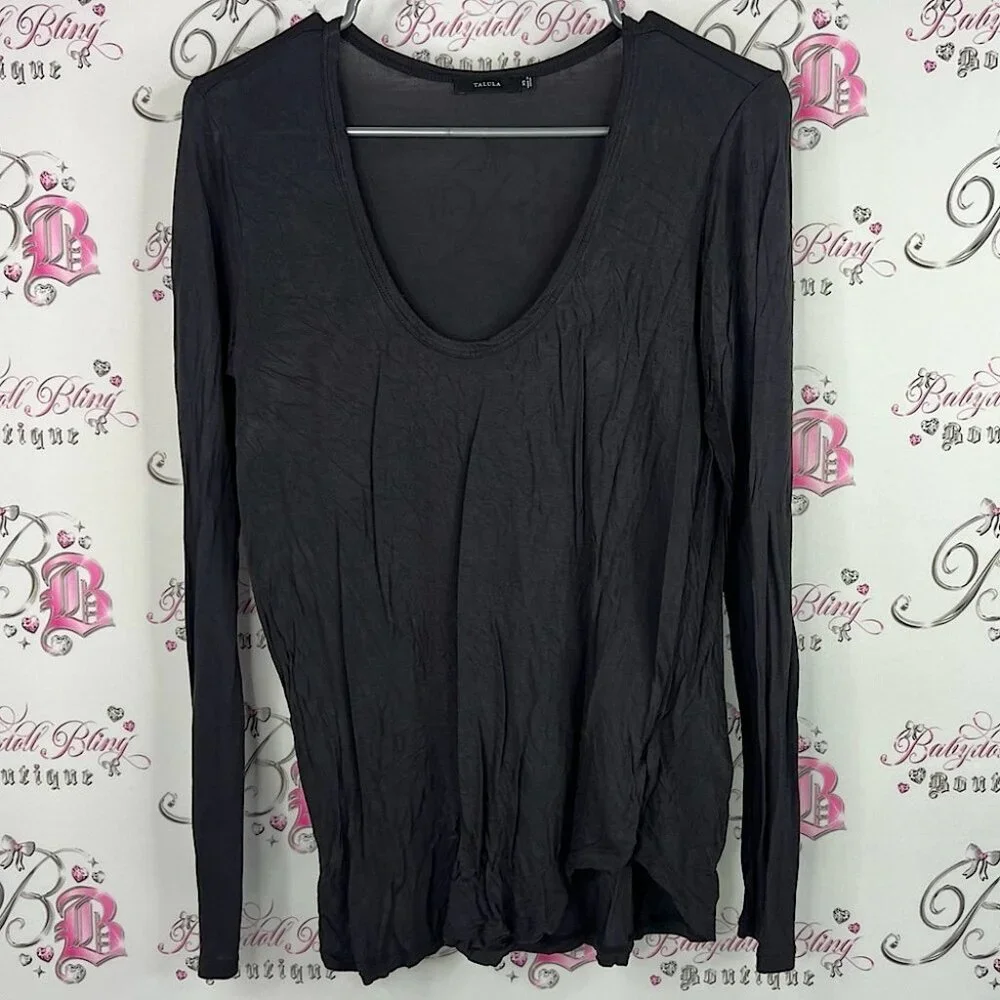 Talula long sleeve dark grey Black swoop neck top Women's Blouse